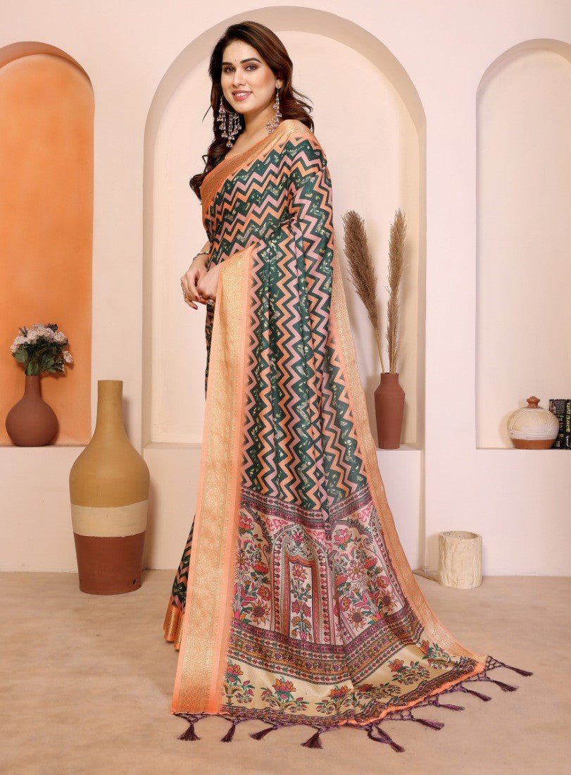 Women's Cotton Silk Kalamkari Printed Saree With Unstitched Blouse - 5.5 Mtr (Multicolor)