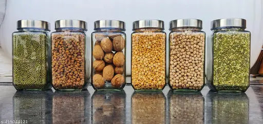 6 Clear Glass Jars with Silver Lids - Kitchen Storage, Groceries, Dry Fruits