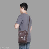A dark brown crossbody bag with a green shoulder strap, suitable for travel, office work and business use