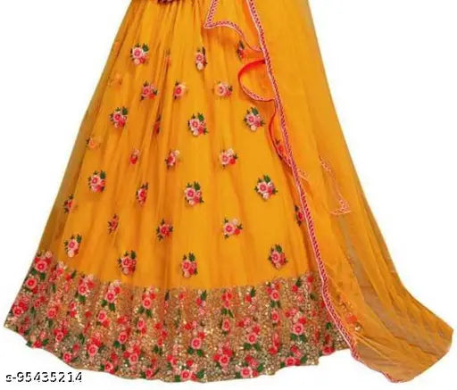 Yellow embroidered Lehenga Choli ethnic wear set for girls, including Ghagra, Choli, and Dupatta, made from net fabric with sleeveless top. Embroidery details on yellow Lehenga and Dupatta. One pack of 1 size options available, ranging from 3-4 Years to Free Size. Origin: India