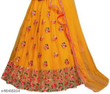 Yellow embroidered Lehenga Choli ethnic wear set for girls, including Ghagra, Choli, and Dupatta, made from net fabric with sleeveless top. Embroidery details on yellow Lehenga and Dupatta. One pack of 1 size options available, ranging from 3-4 Years to Free Size. Origin: India
