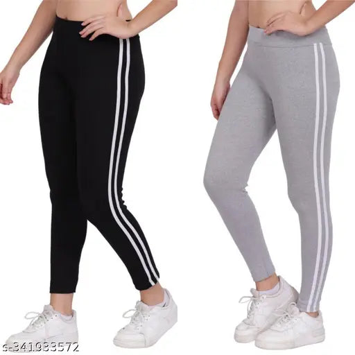 Cotton blend striped net jeggings combo, breathable, soft and stretchy for outdoor or casual wear. Striped two-line ankle jeggings set, suitable sizes from 26in to XS