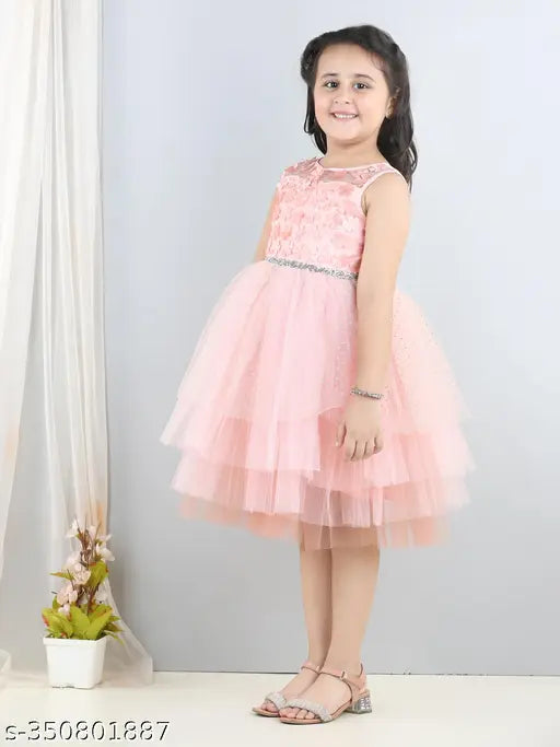 Peach net embellished balloon-style dress for girls party wear, 1-2 years size