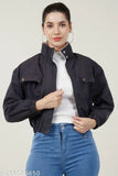 Cotton blend bomber jacket, women's short winter jacket with fur lining & high neck, India
