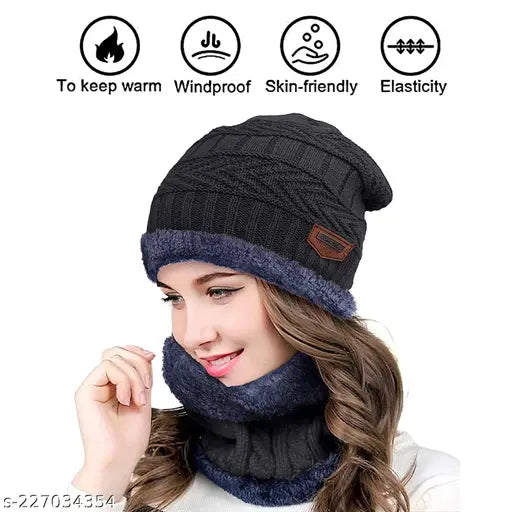 Winter cap, black, knitted, neck muffler, soft for snow, warmth, beanie hat, scarf set for women