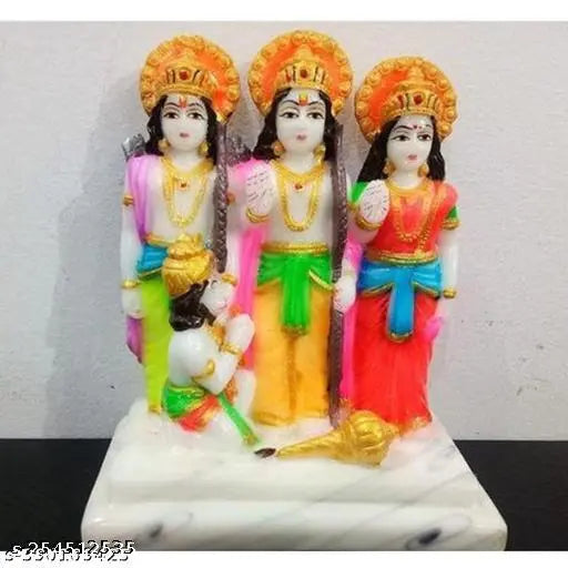 Handmade marble Lord Ram Darbar Murti, detailed Hindu religious idol with Sita, Laxman, Hanuman - 14x9x6 cm (Indian artistry)