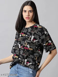 Lycra short-sleeve printed t-shirt for women, size S (bust 34in, length 22in), made in India