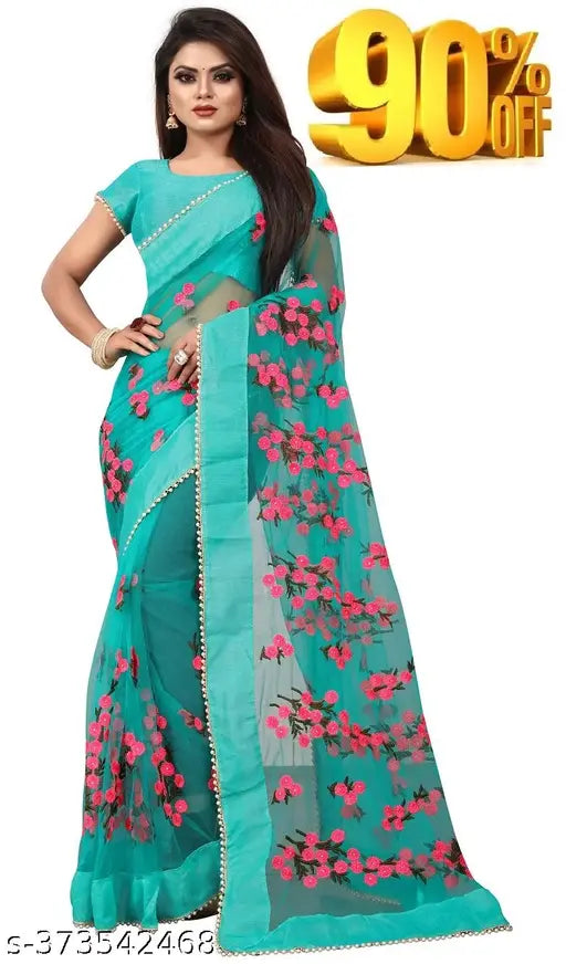 Indian self-design Bollywood net saree with embroidered solid net blouse, free size, super net fabric