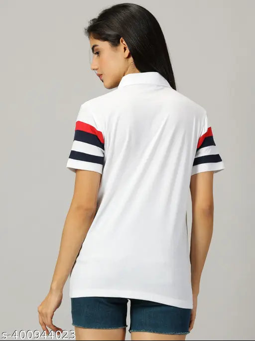 White cotton blend striped half-sleeve polo t-shirt for women on hanger