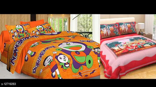 Doraemon cartoon print Indian double bed sheet combo, includes 2 bedsheets and 4 pillow covers