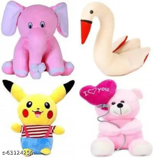 Stylish plush elephant, Pikachu, swan & balloon combo (4 pcs), soft stuffed toys for kids gift decoration, 30cm, India origin