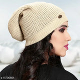 Knit beanie cap in neutral color, slouchy style, suitable for winter and skiing. Hooded design