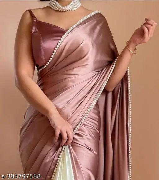 Purple satin saree with lace border, full length