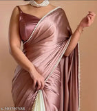 Purple satin saree with lace border, full length