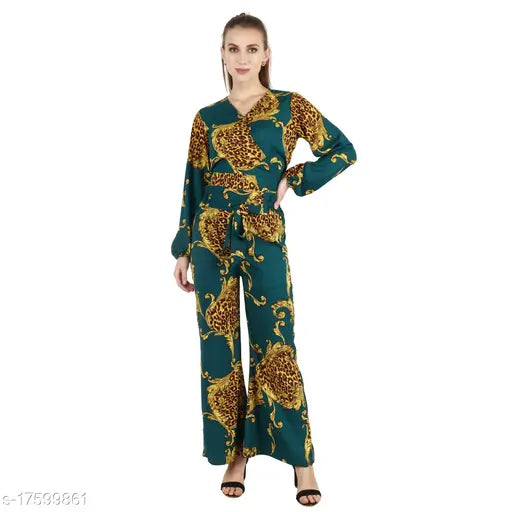 Green polyester women's animal print v-neck jumpsuit, long sleeves, POPWINGS brand
