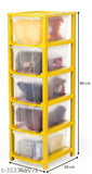 Transparent five-drawer storage organizer system for home kitchen use, yellow color