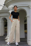 Cream cotton blend cargo pants for women, four-pocket design, wide leg jeans with non-stretchable denim fabric. Elevate your wardrobe with SKG Group's organic jeans