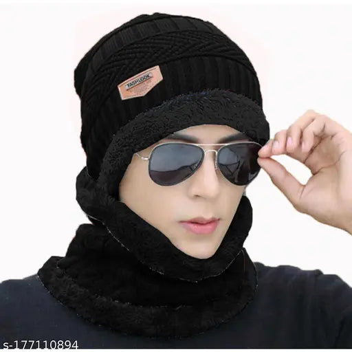 Wool Men's cap set, fur patterned, one size from India