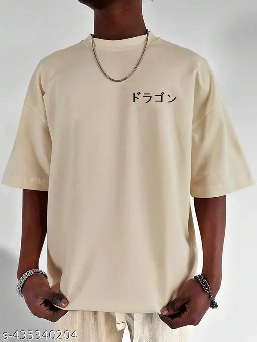 Cream cotton blend oversized anime T-shirt with rounded neck - manly style in XL size