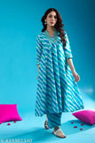 Ethnic Women's cotton lahariya print kurti & palazzos set, three-quarter sleeves, dyed/washed net fabric, Indian embroidery on display