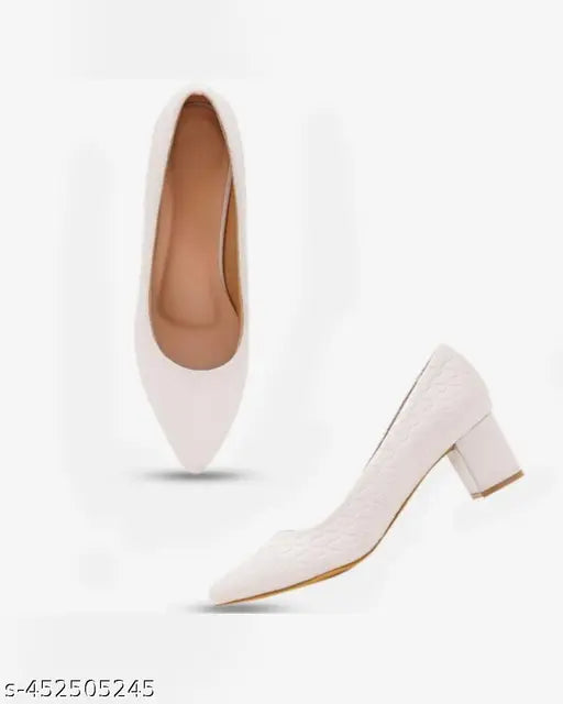 White high-heeled block pumps, leather material