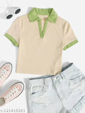 Colorblocked cotton contrast collar crop t-shirt, short sleeves, 10XL size, made in India