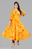 Yellow Anarkali Kurti with patched design, long dori, full ghera