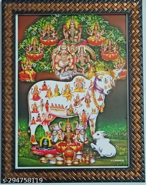 Synthetic resin indoor photo frame, 9x12 inches, showcases Gau Mata Komadha Komatha Ashtalakshmi Asta Laxmi Cow with Kubera Lakshmi, Indian art