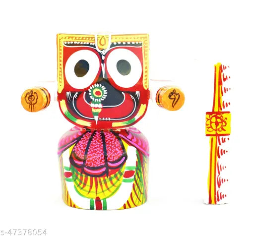 Handcrafted Neem Wooden God Idol of Shree Jagannath, BalaBhadra, Subhadra with Poshak, including Sudarshan Chakra. Vibrant wooden deity for home decor or car dashboards