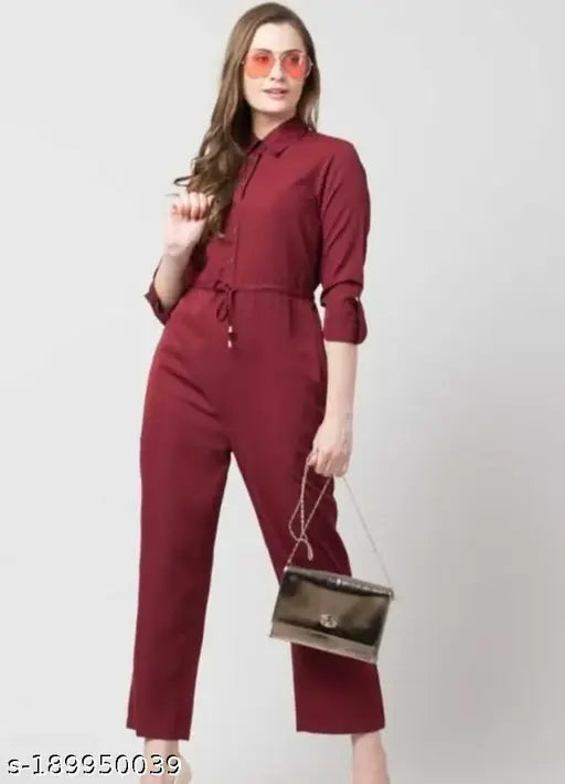Crepe solid-colored Mehroon collar jumpsuit, Indian-made women's fashion for XS to XL sizes
