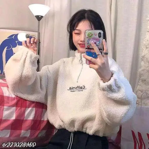 Stylish wool sweatshirt in solid color for women and girls, long sleeve, size S (bust 36in, length 19in), made in India