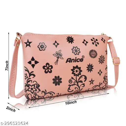 Pink floral design, zip closure side sling bag