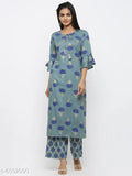 Women's printed rayon kurti with three-quarter sleeves, vibrant Indian pattern, available in M size (bust 38in, length 44in)