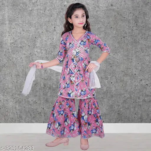 Dupion silk, printed kurta sharara & dupatta set for girls, comfortable & embellished with laces, Indian fashion