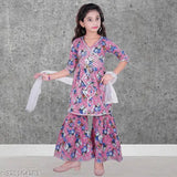 Dupion silk, printed kurta sharara & dupatta set for girls, comfortable & embellished with laces, Indian fashion