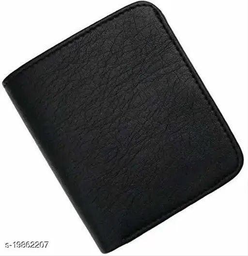 Faux leather tri-fold wallet for men, solid color design with ID window, coin pocket, and multi-card slots. Top-selling trendy men's accessory. Measures 8x11cm (Free Size). Made in India