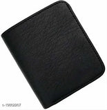 Faux leather tri-fold wallet for men, solid color design with ID window, coin pocket, and multi-card slots. Top-selling trendy men's accessory. Measures 8x11cm (Free Size). Made in India
