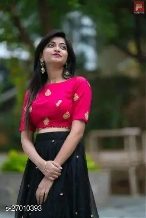 Black Dupion Silk semi-stitched net lehenga choli with embroidery, traditional Indian bridal wear on mannequin
