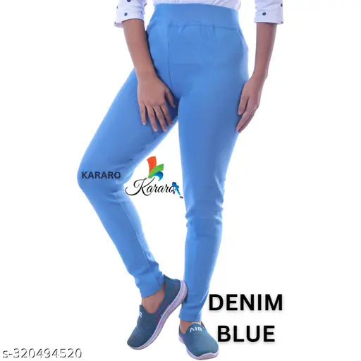 Women's cotton blend jeggings pack of 4, lightweight and stylish. Four pieces of medium-quality jeans made from recycled hosiery cotton waste (OE fabric). Sizes available: 26", 28", 30", 32", 34", free size. Indian origin
