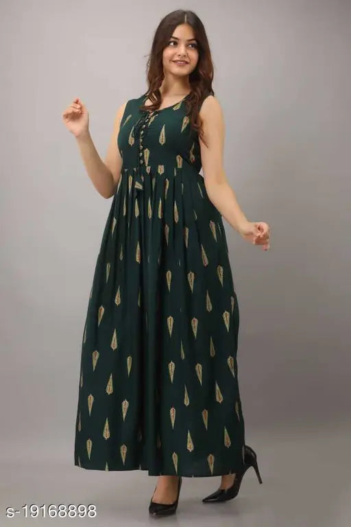 Dark green printed Kurti dress with long sleeves, mid-length skirt, and side seam details