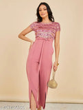 Dusty pink embroidered Lycra jumpsuit for women, imported fabric top, lycra bottom