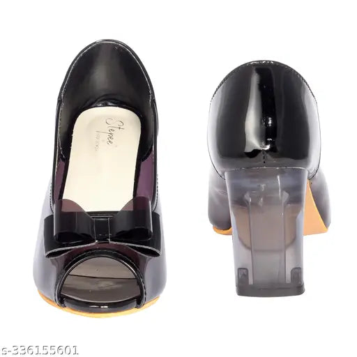 Gloss patent leather peep-toe pumps with medium chunky heel and bow detail - trendy belly women's slip-on sandals for any occasion, India origin