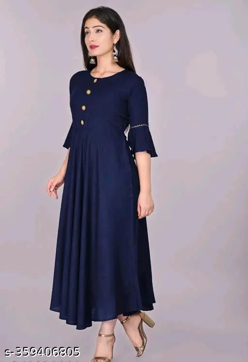 Navy blue rayon round flared bell sleeves kurti for women, 3/4 sleeve length and 48" in length. Hand wash or machine wash, choose size two inches more than body measurement. Made in India
