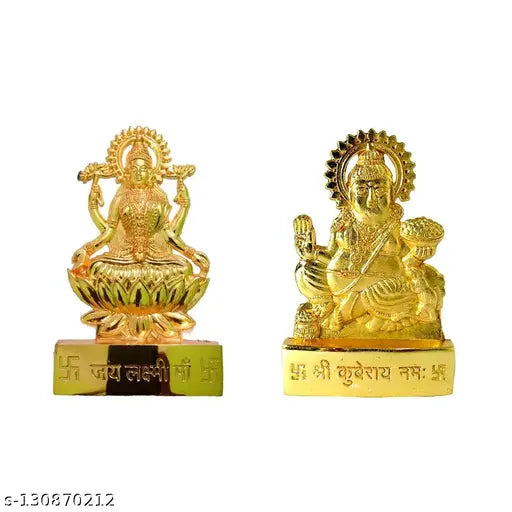 Gold-plated brass Lakshmi Kuber statue, Indian spiritual showpiece for car dashboard or pooja ghar, 7cm x 11cm
