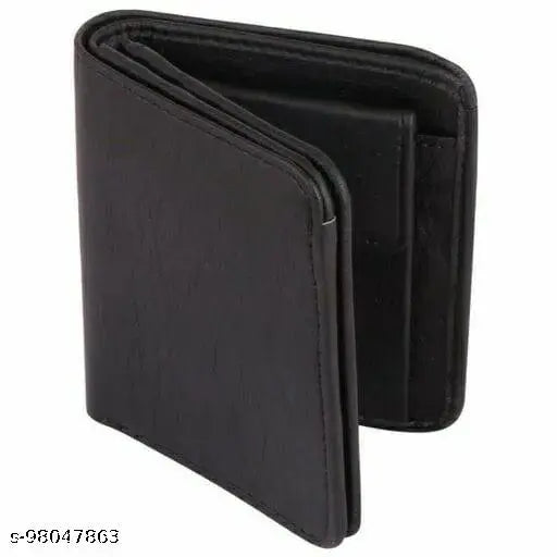 Trendy black PU leather mens wallet, 2 compartments, solid pattern, free size (11x9cm), new stylish design for daily use