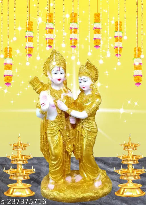 Golden Idol Ram Sita Statue, Multicolor Polyresin Showpiece for Pooja & Temples. Size: 23 x 12 cm