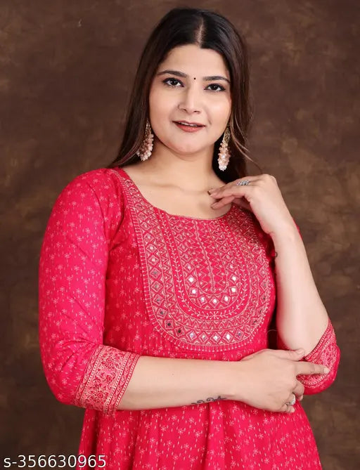 Rayon gold printed Anarkali kurti, floral embroidery, three-quarter sleeves, ankle length, new design for women