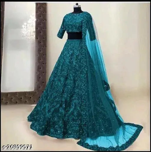 Flared taffeta silk lehenga choli for women, embroidered and net dupatta. Unstitched Indo-western fusion fashion for parties or weddings