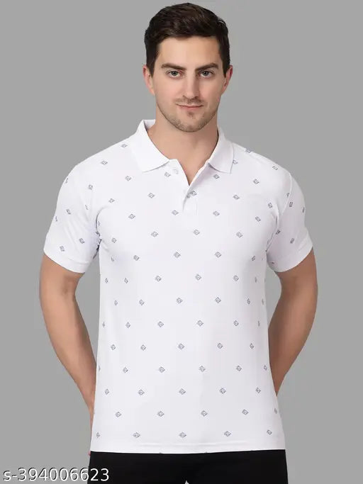 White polyester men's half-sleeved printed polo t-shirt, popular choice for casual wear and trans-seasonal training, features UV protection and quick-dry technology