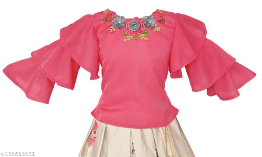 Blue silk blend Lehenga Choli with short sleeves, traditional Indian attire for kids